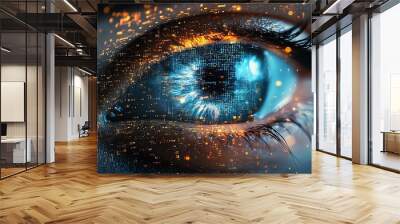 A close-up of a human eye with digital code overlayed, representing the concept of technology and vision. Wall mural