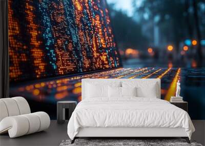 A close up of a laptop with glowing keys and a screen full of code, set against a blurred background of a city at night. Wall mural