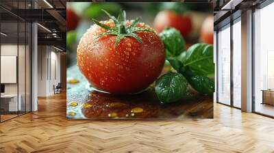 A close-up of a ripe, red tomato with water droplets, next to fresh basil leaves on a wooden cutting board. Wall mural