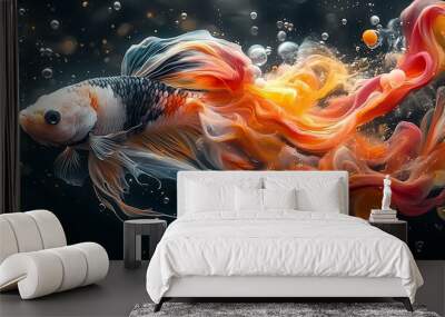 A colorful betta fish swims through a swirling trail of orange and red ink, creating an abstract and mesmerizing underwater scene. Wall mural