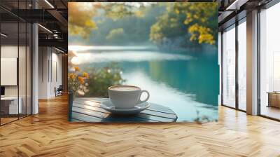 A cup of coffee with latte art on a table with flowers in front of a lake and trees in the background. Wall mural