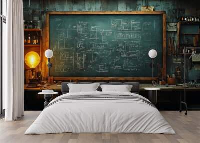 A dimly lit, vintage laboratory with a chalkboard filled with scientific formulas, a lamp, shelves of glassware, and tools. Wall mural