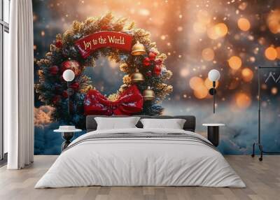 A festive Christmas wreath with red ribbon, ornaments, and bells, adorned with snow and bokeh lights. Wall mural