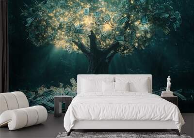 A glowing money tree with dollar bills growing on its branches, surrounded by fallen dollar bills on the forest floor. Wall mural