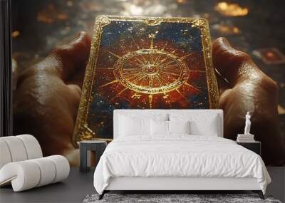 A hand holding a mystical card with golden details and a compass design. Wall mural