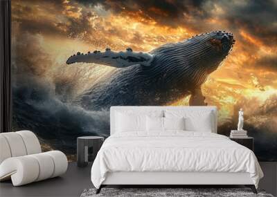 A humpback whale leaps from the ocean waves, silhouetted against a dramatic sunset sky. Wall mural