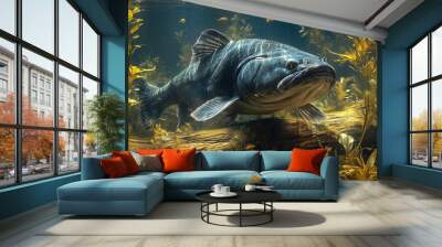 A large, grey fish with a prominent mouth and fins swims through a kelp forest. Wall mural