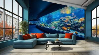 A large curved aquarium with tropical fish and coral reef. Wall mural