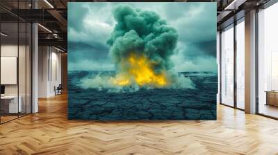 A large green smoke bomb explodes over a cracked desert landscape with flames erupting from the bottom. Wall mural