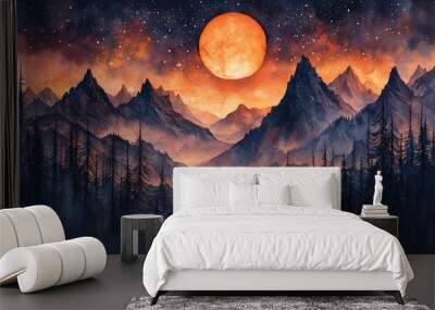 A large orange moon hangs in the sky over a misty mountain range. Wall mural