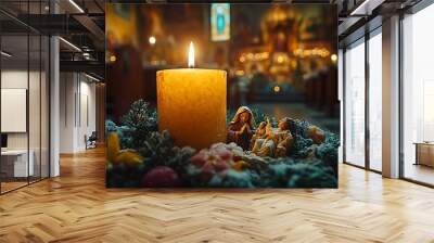 A lit candle on an Advent wreath with a Nativity scene in the background. Wall mural