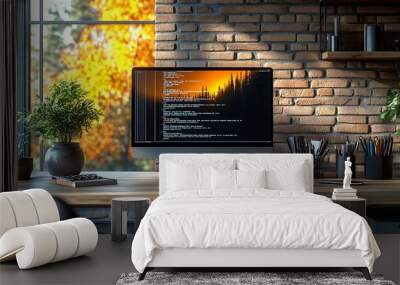 A modern home office desk with a computer, plants, and a brick wall in the background. Wall mural