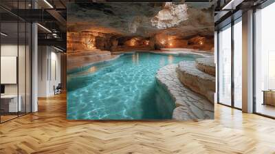 A natural pool inside a cave with white stone walls, blue water and light shining from the opening. Wall mural