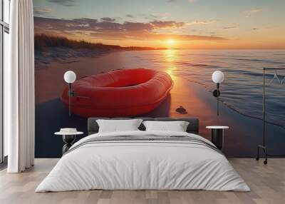 A red inflatable boat sits on a sandy beach with footprints leading to the ocean at sunset. Wall mural