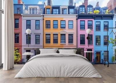 A row of colorful townhouses with different facade colors,  on a sunny day. Wall mural