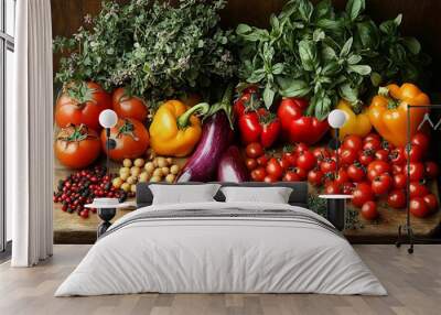 A rustic wooden board with a variety of fresh vegetables and herbs, including tomatoes, peppers, basil, and thyme, along with a knife and spices. Wall mural