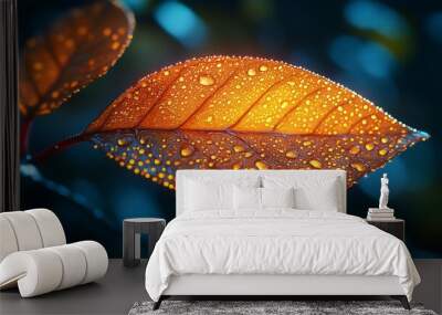 A single, vibrant orange leaf with raindrops is backlit by the sun. Wall mural