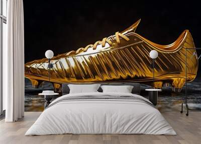 A single golden soccer cleat with black background. Wall mural