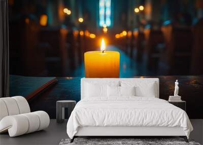 A single lit candle on a table in a church with pews and a stained glass window in the background. Wall mural