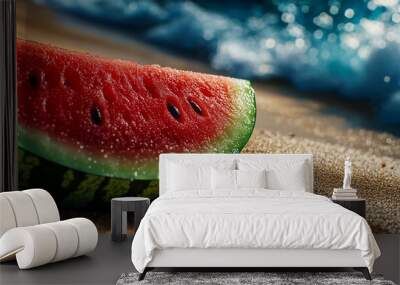 A slice of watermelon rests on a sandy beach with a wave in the background. Wall mural