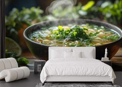 A steaming bowl of pho with fresh herbs and a lime wedge. Wall mural