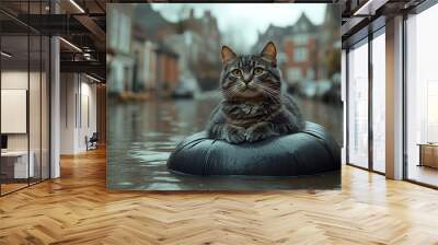 A tabby cat sits on a black garbage bag floating in a flooded canal. Wall mural