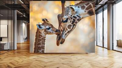 A tender moment between a mother and baby giraffe. Wall mural