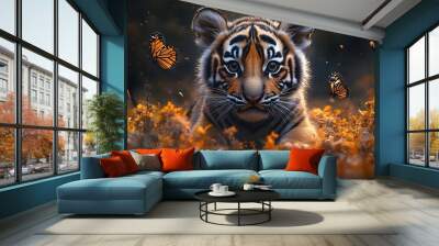 A tiger cub sits in a field of yellow flowers with butterflies flying around it. Wall mural