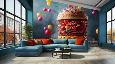 A towering burger with bacon, cheese, and candy, surrounded by colorful sprinkles and flying candy. Wall mural