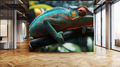 A vibrant chameleon perched on a branch, its skin displaying a striking array of blue, orange, and red hues. Wall mural