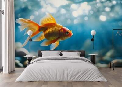 A vibrant goldfish swimming in a serene underwater scene. Wall mural