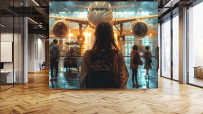 a woman at the airport happy that she is about to travel to another country in a neon environment Wall mural