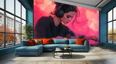 A woman DJ mixing music in a red-lit environment. Wall mural