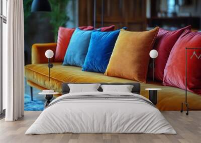 A yellow velvet sofa with a row of colorful throw pillows. Wall mural