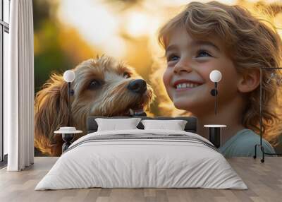 A young child with a big smile, looking up at the sky with their dog. Wall mural