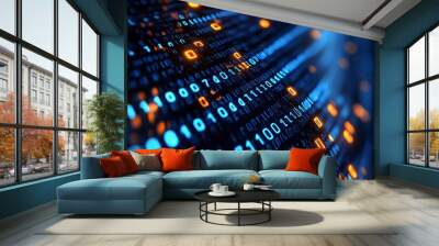 Abstract binary code pattern with glowing digits in blue and orange. Wall mural