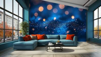 Abstract blue and gold bokeh background with blurred lights. Wall mural