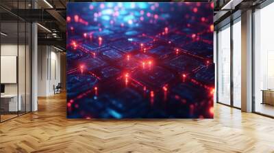 Abstract digital network with red glowing nodes and blue background. Wall mural