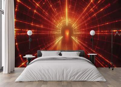 Abstract glowing red and orange neon tunnel. Wall mural