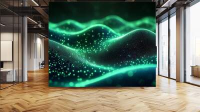 Abstract green digital wave background with glowing particles. Wall mural