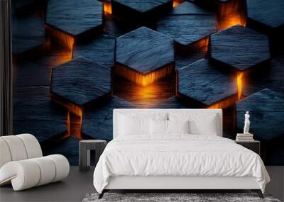 Abstract hexagonal pattern of wooden blocks with glowing orange light in the center. Wall mural