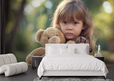 Adorable sad girl with teddy bear in park, Little girl is hugging a teddy bear.Upset child Wall mural