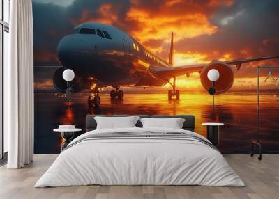 Airplane on runway at sunset with reflection of clouds in the water. Wall mural