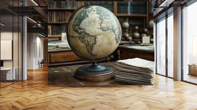 An antique globe sits on a wooden table in a library with stacks of books and other globes in the background. Wall mural