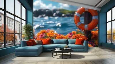 An orange life preserver hangs on a wooden post in front of a field of orange and pink flowers with a blue ocean and a cloudy sky in the background. Wall mural