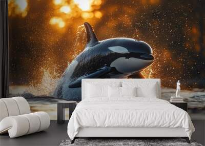 An orca whale leaps out of the water, creating a spray of water as the sun sets behind it. Wall mural