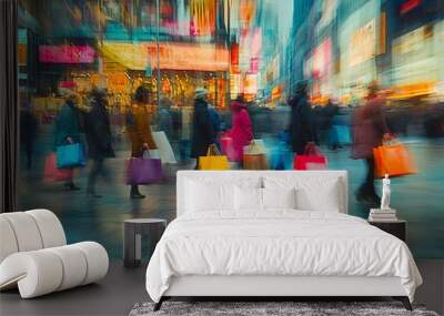 Busy city street with people shopping and blurred lights. Wall mural