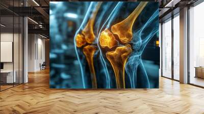 Close-up of a 3D digital rendering of human knee joints, highlighted in orange and blue tones, against a blurred background of computer screens. Wall mural