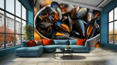 Close-up of a bowl of fresh mussels. Wall mural