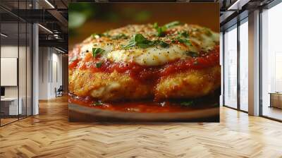 Close-up of a breaded chicken breast topped with marinara sauce and mozzarella cheese, garnished with fresh basil. Wall mural